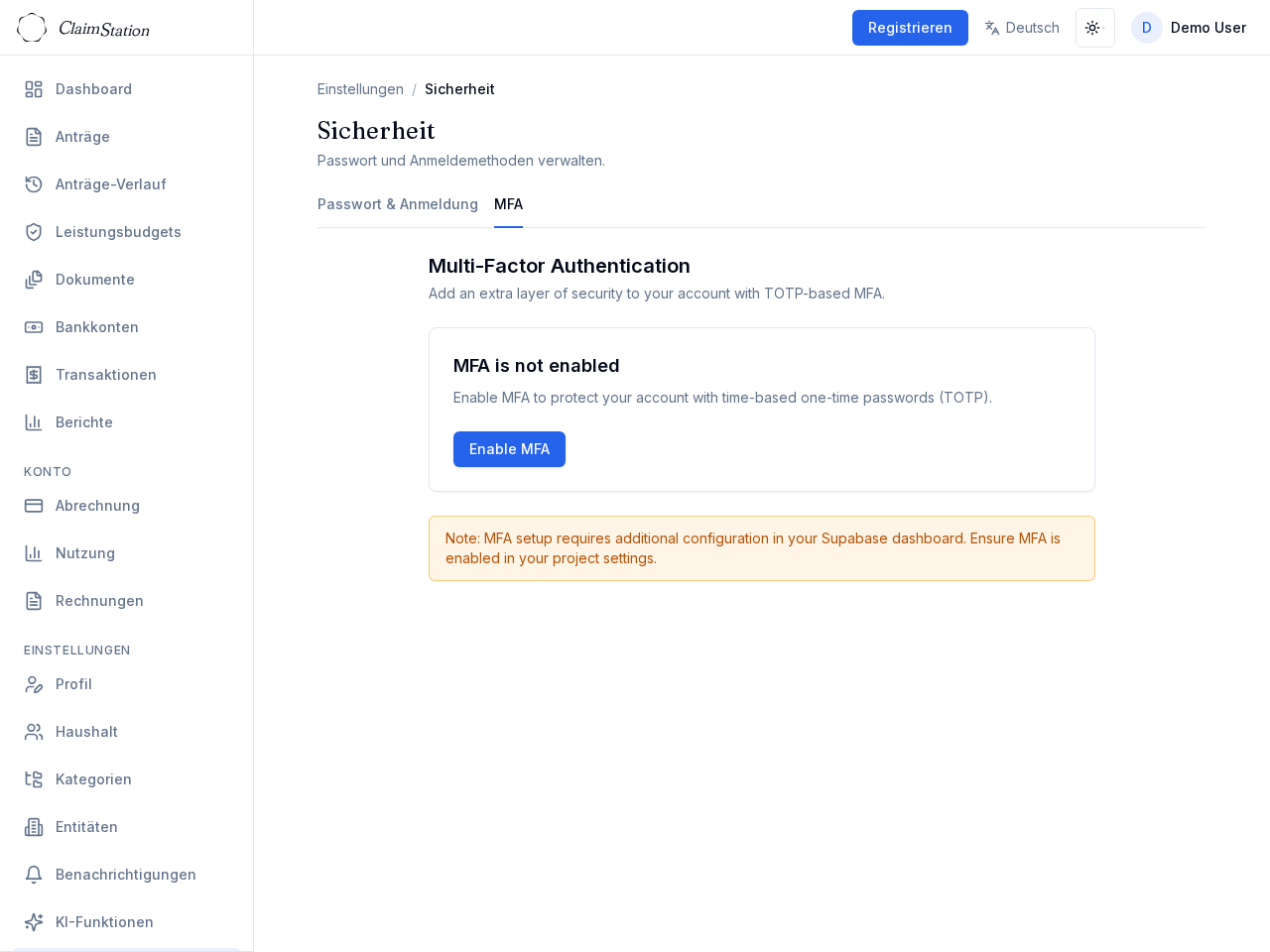 ClaimStation Settings Security MFA
